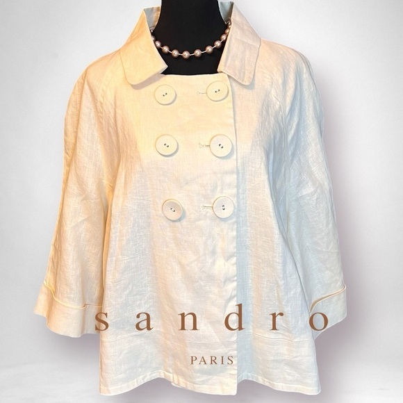 SANDRO SPORTSWEAR Linen Double Breasted Ivory Jacket Size L - Picture 1 of 7